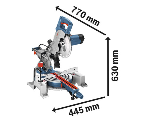 Pokosová píla s rozmermi 770 mm, 630 mm a 445 mm.