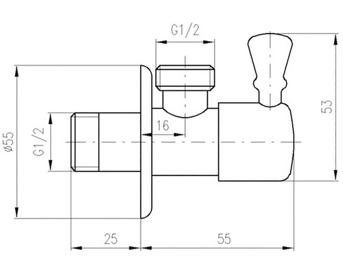 Technický nákres rohového ventilu s rozmermi