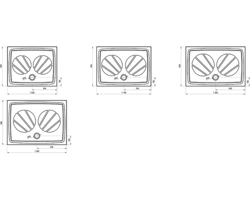 Technický nákres rôznych sprchových vaničiek s rozmermi