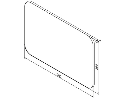 Technický nákres obdĺžnikovej sprchovej steny s rozmermi 1200 x 800 milimetrov.