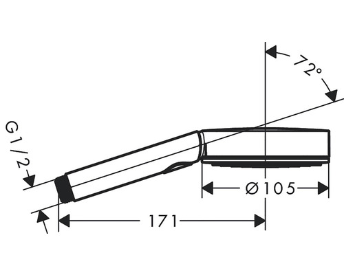 Technický nákres ručnej sprchy s rozmermi priemeru, dĺžky a uhla sklonu.