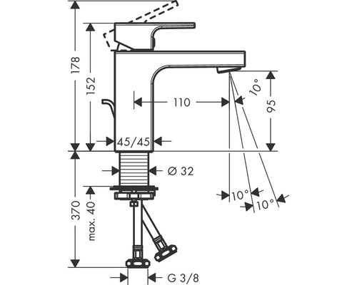 Rozmerový nákres armatúry s údajmi o výške