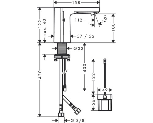 Technický nákres umývadlovej batérie s rozmermi