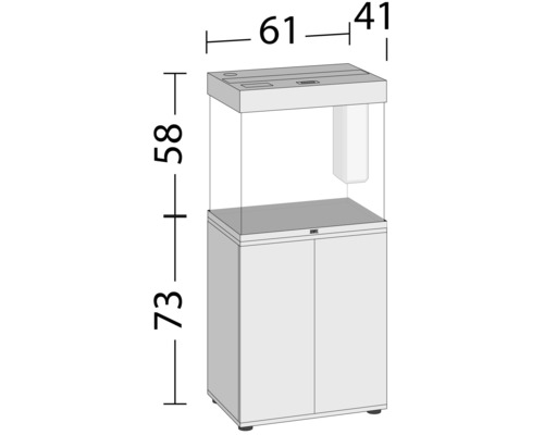 Nákres akvária so skrinkou a rozmermi