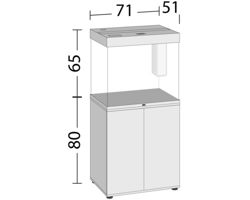 Rozmery akvária so skrinkou: 71 x 51 x 65 cm výška nádrže a 80 cm výška skrinky