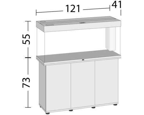 Nákres akvária so skrinkou a rozmermi