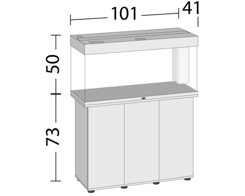 Nákres akvária so skrinkou a rozmermi