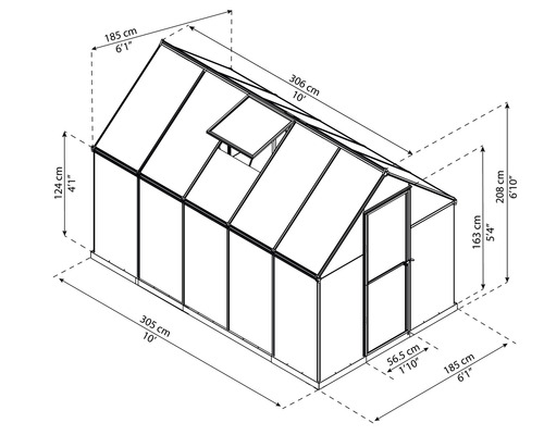 Technický nákres skleníka s rozmermi.