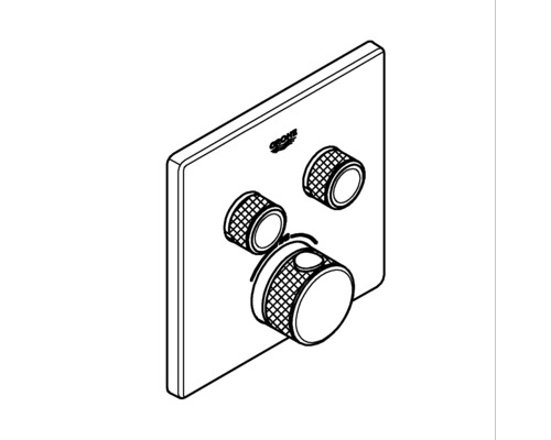 Logo Grohe na štvorcovej sprchovej batérii s tromi otočnými gombíkmi