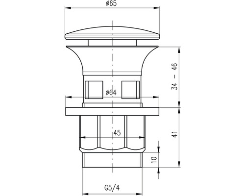Technický nákres výpustného ventilu s rozmermi priemer 65, priemer 64, 34 až 46, 41, 10 a G5/4