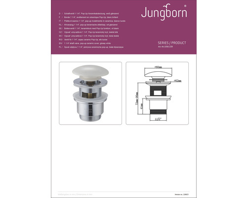 Šachtový ventil Jungborn s keramickým krytom Pop-Up, technický nákres