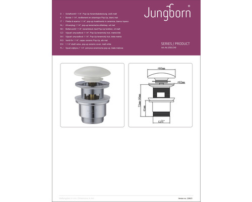 Logo Jungborn. Hriadeľový ventil 1 1/4 palca s keramickým krytom Pop-Up a kótovaný výkres.