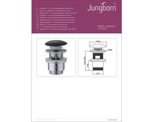 Jungborn hriadeľový ventil 1 1/4 palca s keramickým krytom Pop-up, schéma