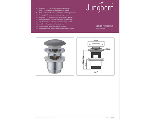 Výpust umývadla Jungborn 1 1/4 palca s keramickým krytom Pop-Up, pohľad na produkt