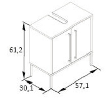Rozmerový výkres skrinky pod umývadlo s dvomi dvierkami a rúčkami a rozmermi v centimetroch