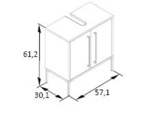 Rozmerový výkres skrinky pod umývadlo s dvomi dvierkami a rúčkami a rozmermi v centimetroch