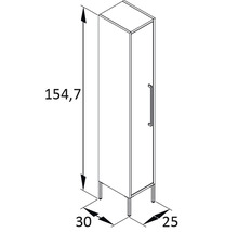 Technický nákres kúpeľňovej skrinky s rozmermi 154,7 x 30 x 25 cm.