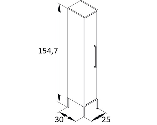 Technický nákres kúpeľňovej skrinky s rozmermi 154,7 x 30 x 25 cm.