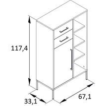 Skrinka s dvomi zásuvkami, jednými dverami a tromi policami s rozmermi
