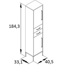 Nákres vysokej kúpeľňovej skrinky so zásuvkami a rozmermi.