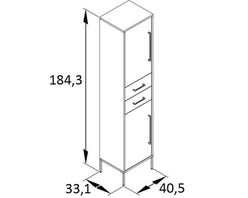 Nákres vysokej kúpeľňovej skrinky so zásuvkami a rozmermi.