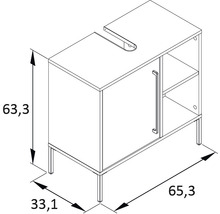 Nákres skrinky pod umývadlo s rozmermi 63,3 x 33,1 x 65,3 cm.