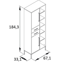 Nákres skrine so zásuvkami a policami vrátane rozmerov