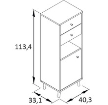 Technický nákres úzkej skrine s dvoma zásuvkami, otvorenou priehradkou a dvierkami, vrátane rozmerov.