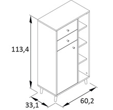 Technický nákres skrine so zásuvkami, dverami a policami s rozmermi