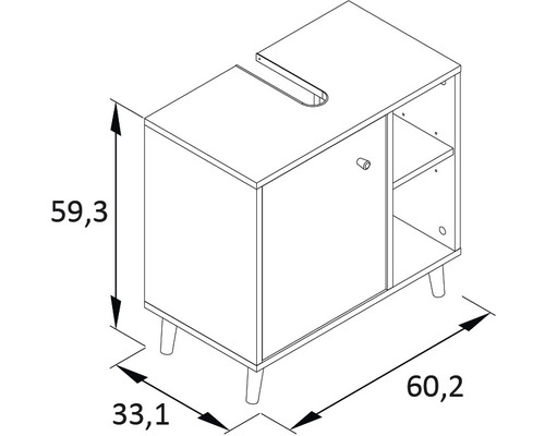 Nákres skrinky pod umývadlo s rozmermi.