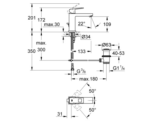 Technický nákres vodovodnej batérie s rozmermi
