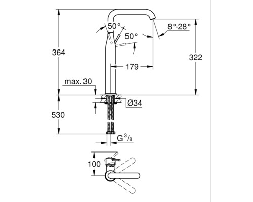 Rozmerový výkres armatúry s výškovými údajmi