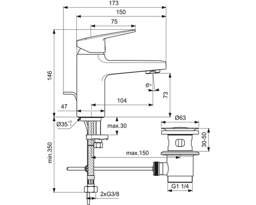Technický nákres armatúry s rozmermi