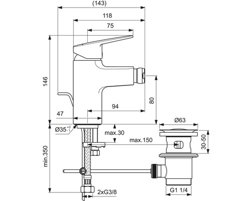 Technický nákres umývadlovej batérie s rozmermi