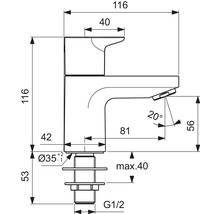 Technický nákres vodovodnej batérie s rozmermi
