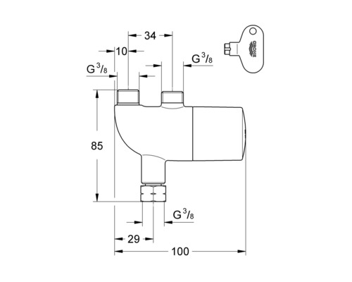 Technický nákres rohového ventilu Grohe so sadou rozmerov