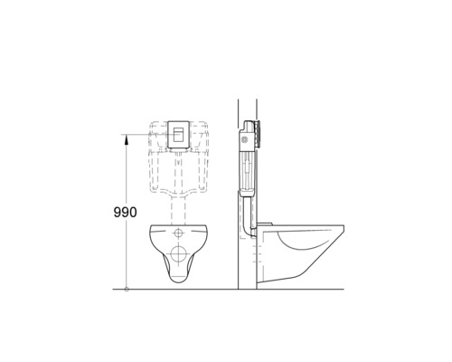 Technický nákres závesného WC s nádržkou a rozmerom 990 milimetrov.