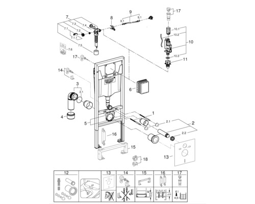 Rozkreslený nákres splachovacej nádrže s jednotlivými dielmi