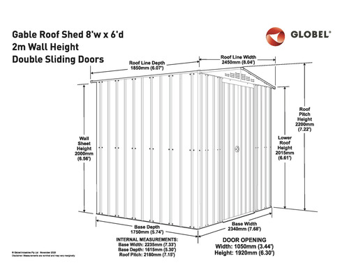 Technický nákres záhradného domčeka so sedlovou strechou s rozmermi 8 stôp na šírku a 6 stôp do hĺbky, výška steny 2 metre a dvojité posuvné dvere