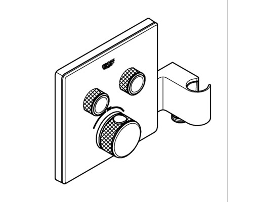 Logo Grohe. Sprchová armatúra s tromi otočnými gombíkmi a držiakom sprchy.