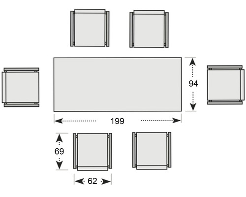 Rozmery záhradného stola so šiestimi stoličkami: stôl 199 krát 94 centimetrov, stoličky 69 krát 62 centimetrov