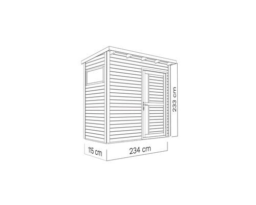 Ilustrácia kôlne s rozmermi 234 x 115 x 233 centimetrov.