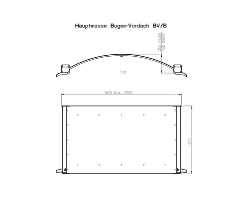 Technický nákres oblúkovej strešnej konštrukcie s rozmermi.