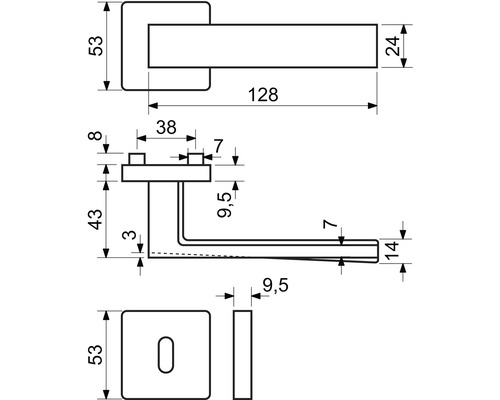 Technický nákres kľučky dverí s rozmermi