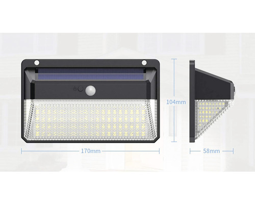 Solárna lampa s rozmermi 170 mm šírka, 104 mm výška a 58 mm hĺbka