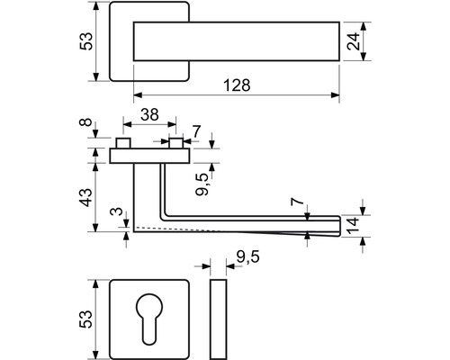 Technický nákres kovania dverí s rozmermi