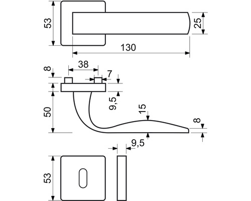 Technický nákres kľučky dverí s rozmermi