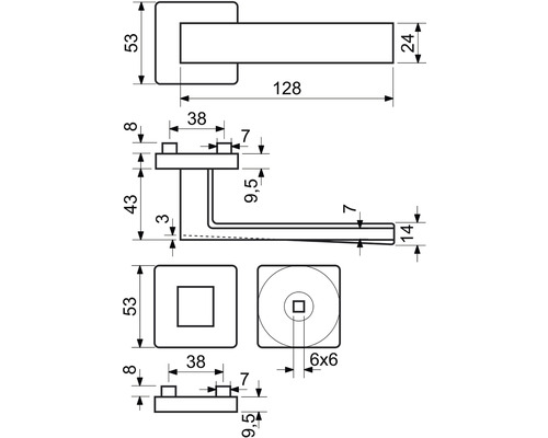 Technický nákres kľučky na dvere s rozmermi