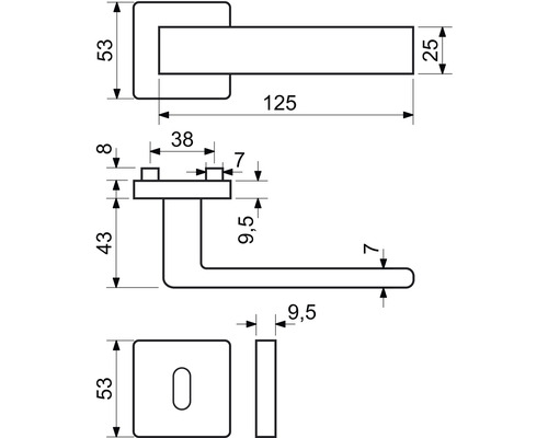 Technický nákres kľučky dverí s rozmermi