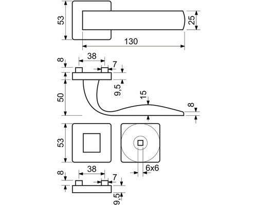Technický nákres kľučky na dvere s rozmermi
